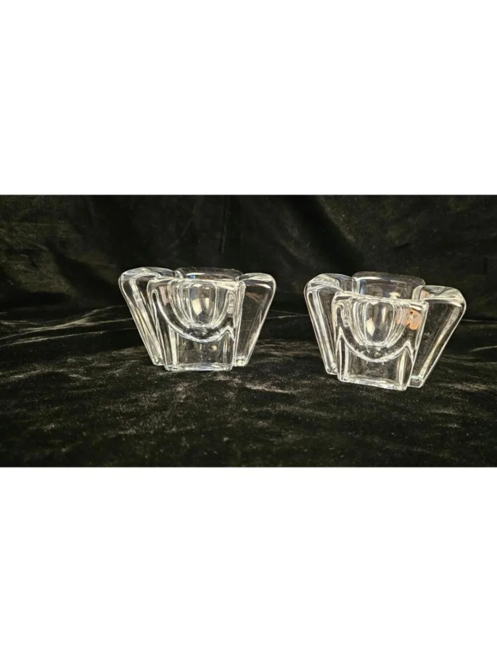 Pair Of Vintage Orrefors Sweden Crystal Candle Holders With Geometric Design 3.5